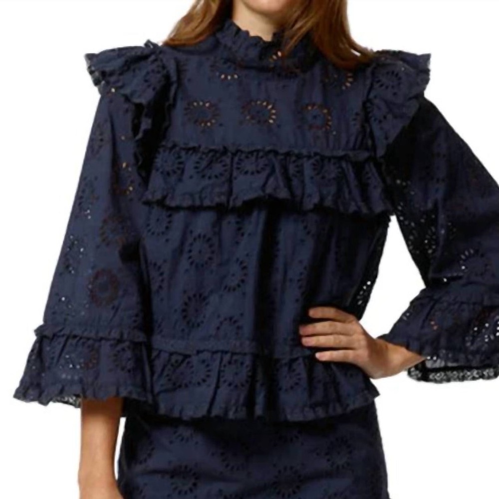Stellah Eyelet Midnight Blue Lace Bell Sleeve Top